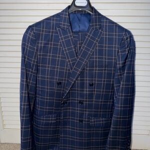 Men's Alain Dupetit Navy Windowpane Double-Breasted Suit 38s, Pants 32W-28L